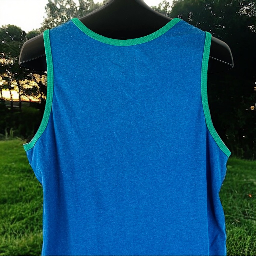 I Flexed And The Sleeves Fell Off Tank Top | Blue with Green Trim | Men's Size L - Picture 9 of 10